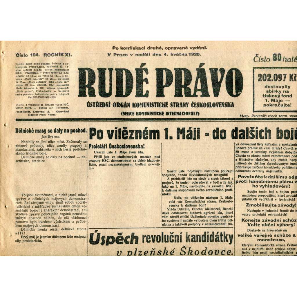 Rudé právo (4.5.1930) - staré noviny, 1. republika Rudé právo (4.5.1930) - staré noviny, 1. republika