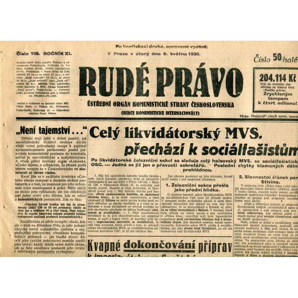 Rudé právo (6.5.1930) - staré noviny, 1. republika Rudé právo (6.5.1930) - staré noviny, 1. republika
