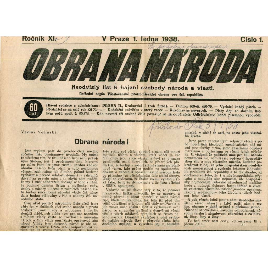 Obrana národa 1.1.1938 (antisemitské, protibolševické noviny)
