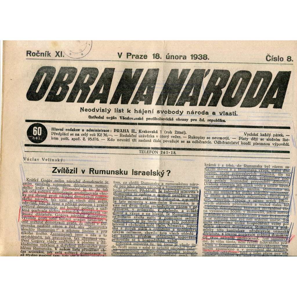 Obrana národa 18.2.1938 (antisemitské, protibolševické noviny)