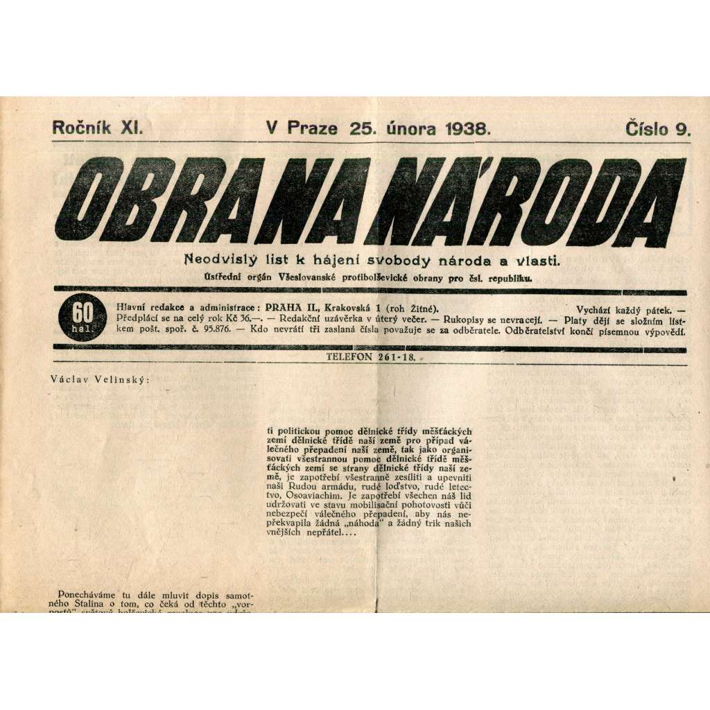 Obrana národa 25.2.1938 (antisemitské, protibolševické noviny)