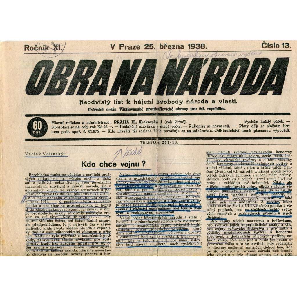 Obrana národa 25.3.1938 (antisemitské, protibolševické noviny)