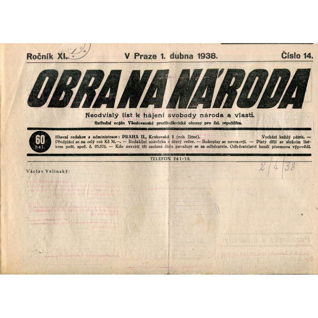 Obrana národa 1.4.1938 (antisemitské, protibolševické noviny)