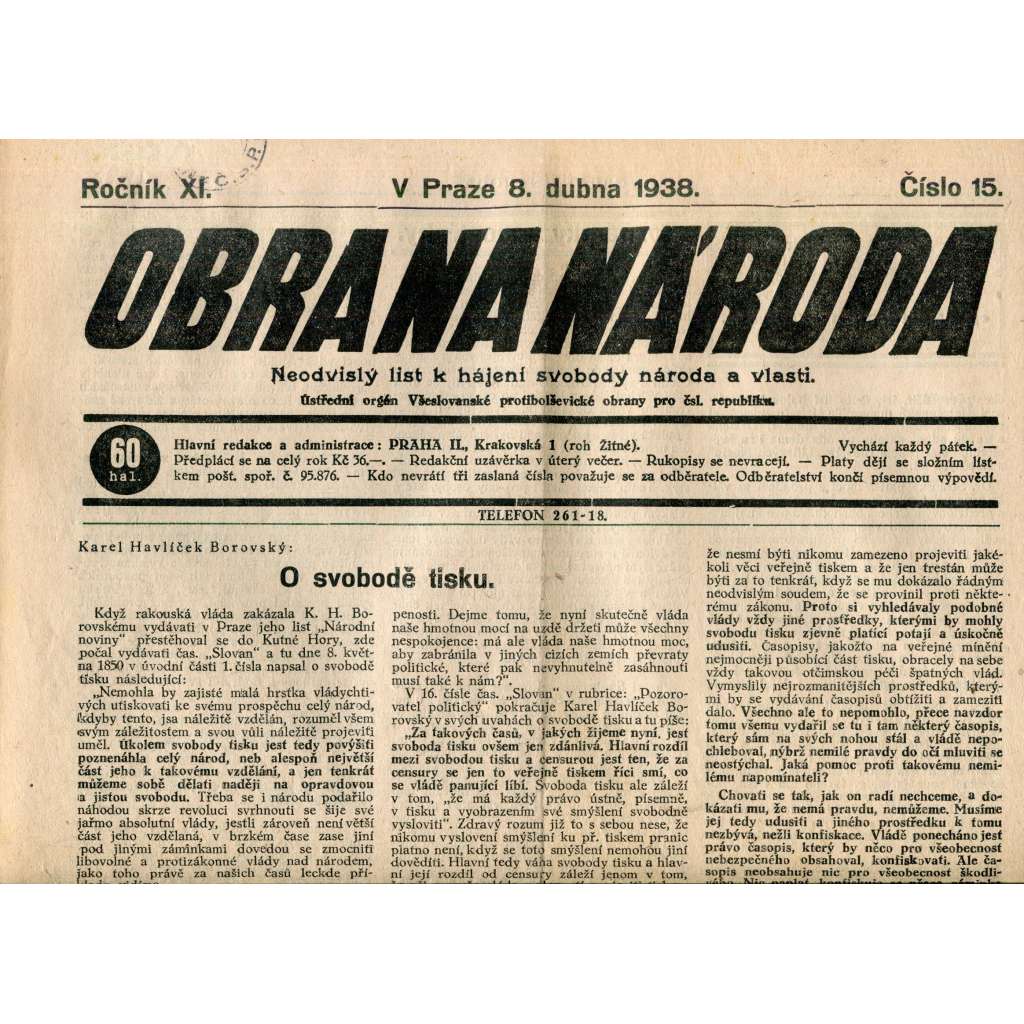 Obrana národa 8.4.1938 (antisemitské, protibolševické noviny)