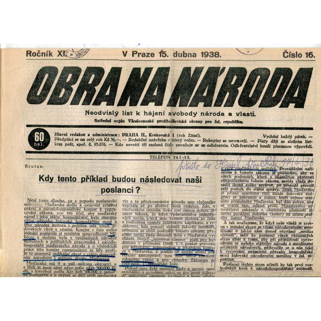 Obrana národa 15.4.1938 (antisemitské, protibolševické noviny)