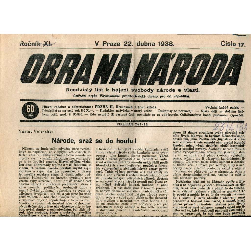Obrana národa 22.4.1938 (antisemitské, protibolševické noviny)