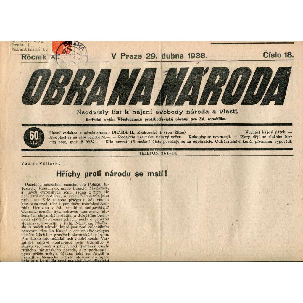 Obrana národa 29.4.1938 (antisemitské, protibolševické noviny)