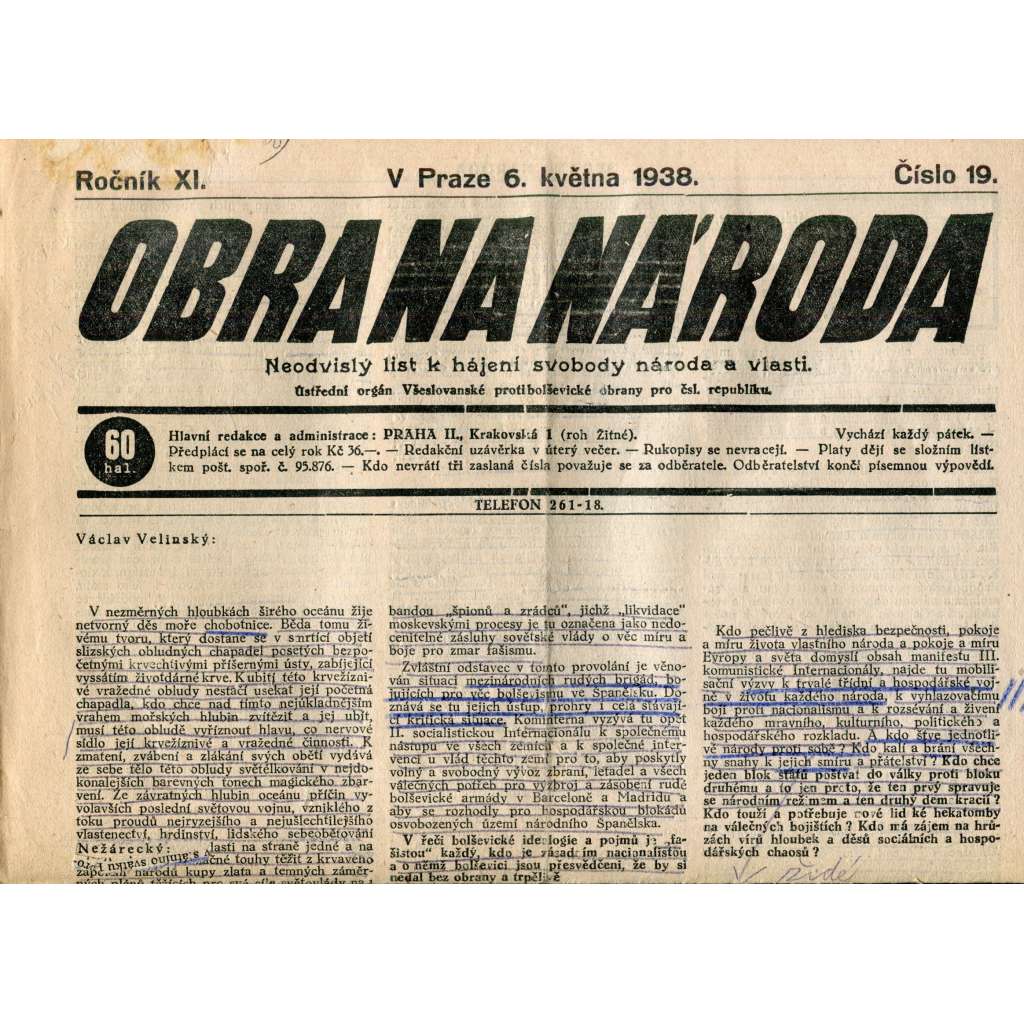 Obrana národa 6.5.1938 (antisemitské, protibolševické noviny)