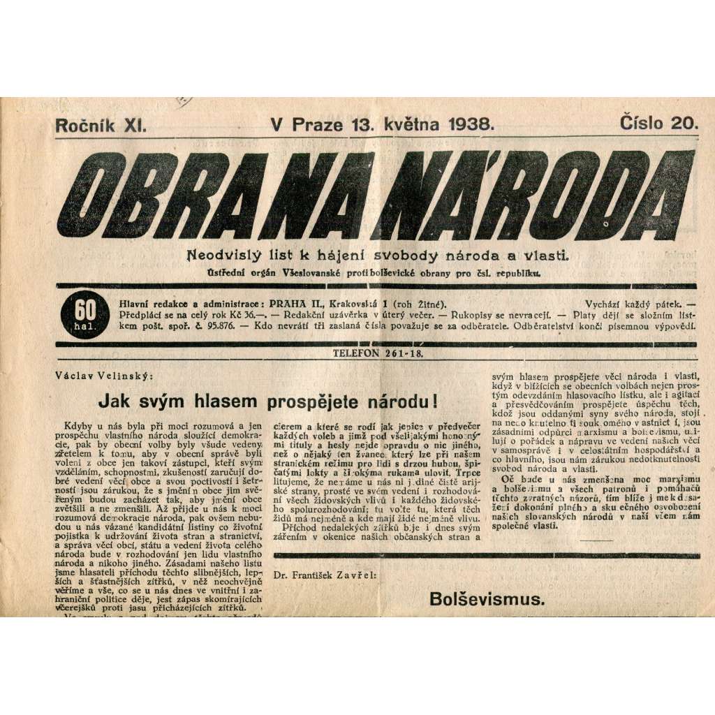 Obrana národa 13.5.1938 (antisemitské, protibolševické noviny)