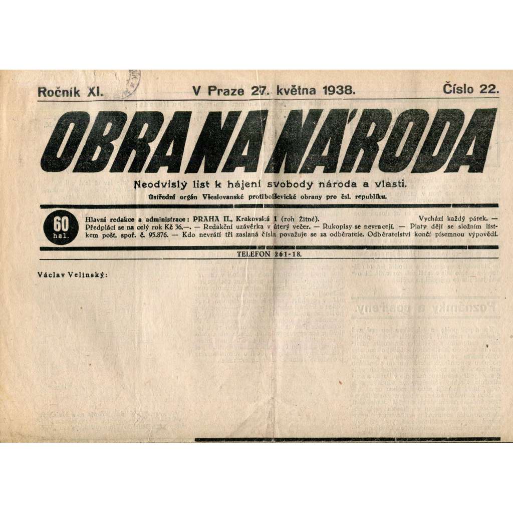 Obrana národa 27.5.1938 (antisemitské, protibolševické noviny)