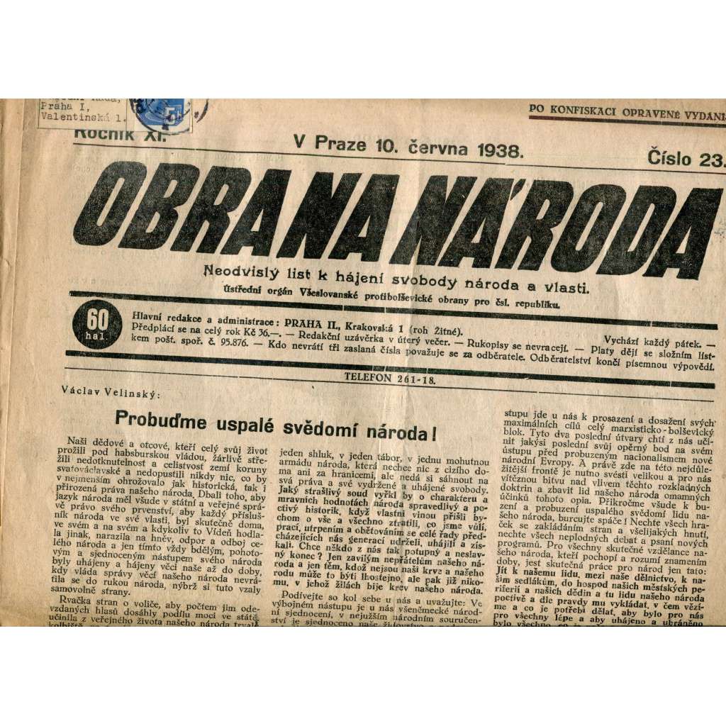 Obrana národa 10.6.1938 (antisemitské, protibolševické noviny)