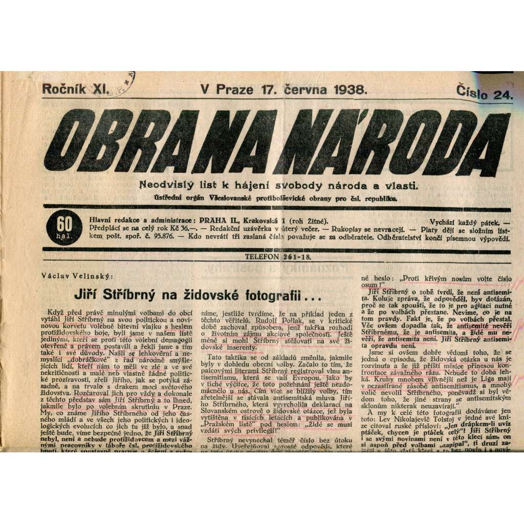 Obrana národa 10.6.1938 (antisemitismus, antisemitské, protibolševické noviny)