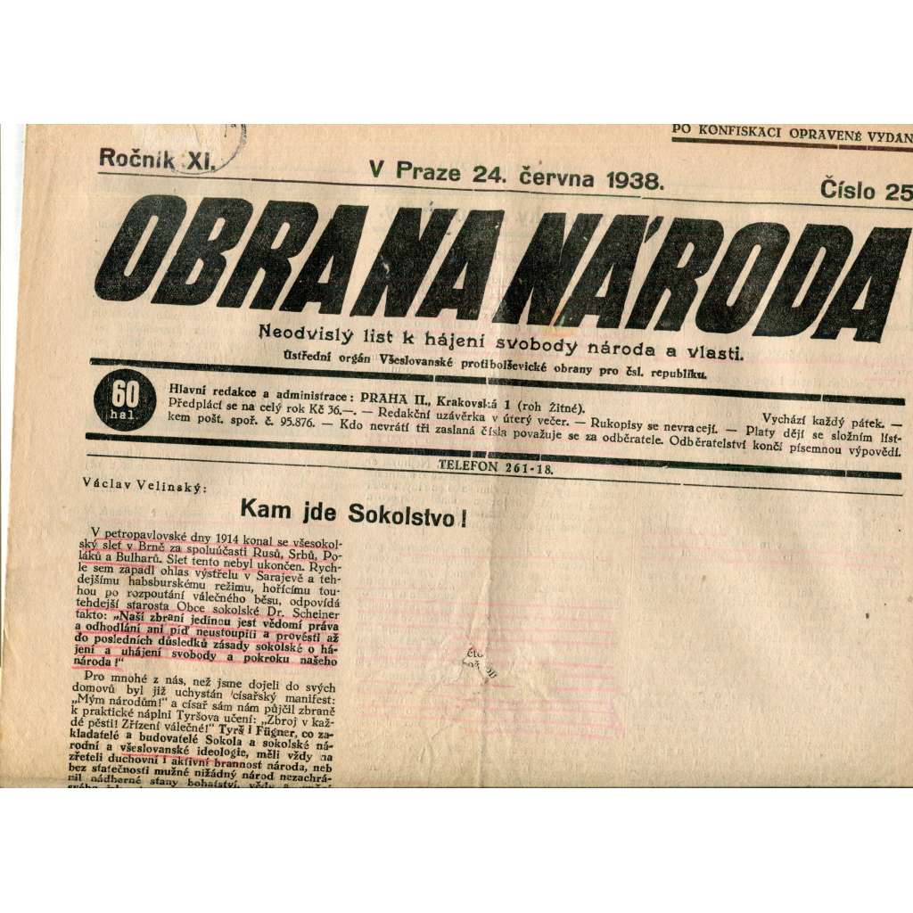 Obrana národa 24.6.1938 (antisemitismus, antisemitské, protibolševické noviny)