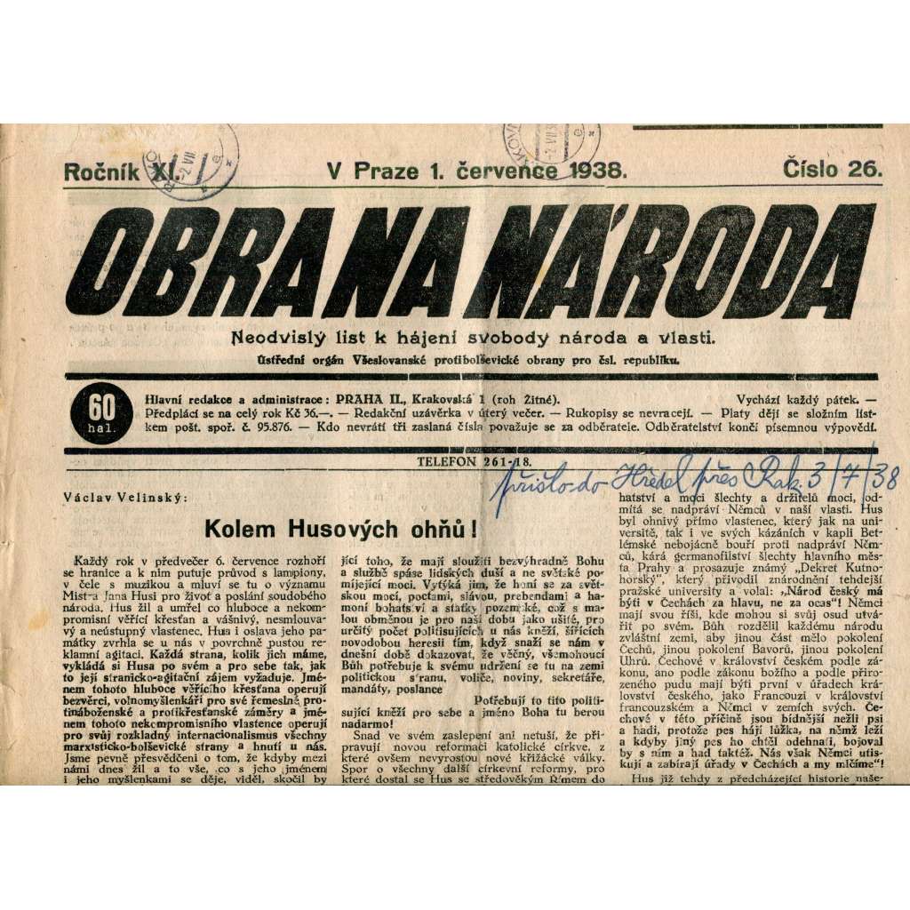 Obrana národa 1.7.1938 (antisemitismus, antisemitské, protibolševické noviny)