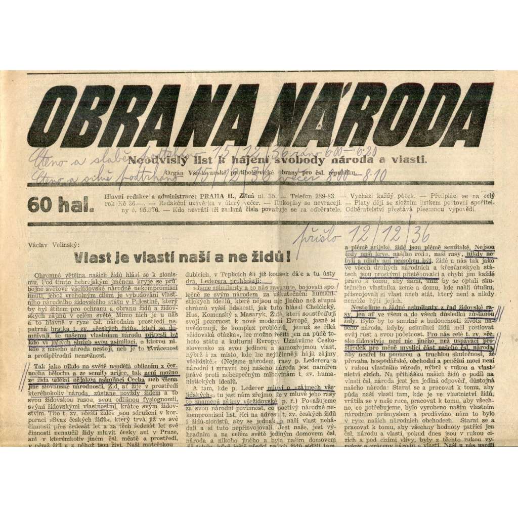 Obrana národa 12.12.1936 (antisemitismus, antisemitské, protibolševické noviny)