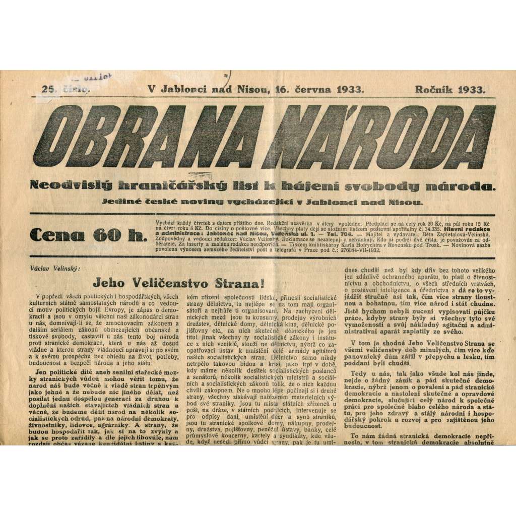 Obrana národa 16.6.1933 (antisemitismus, antisemitské, protibolševické noviny)