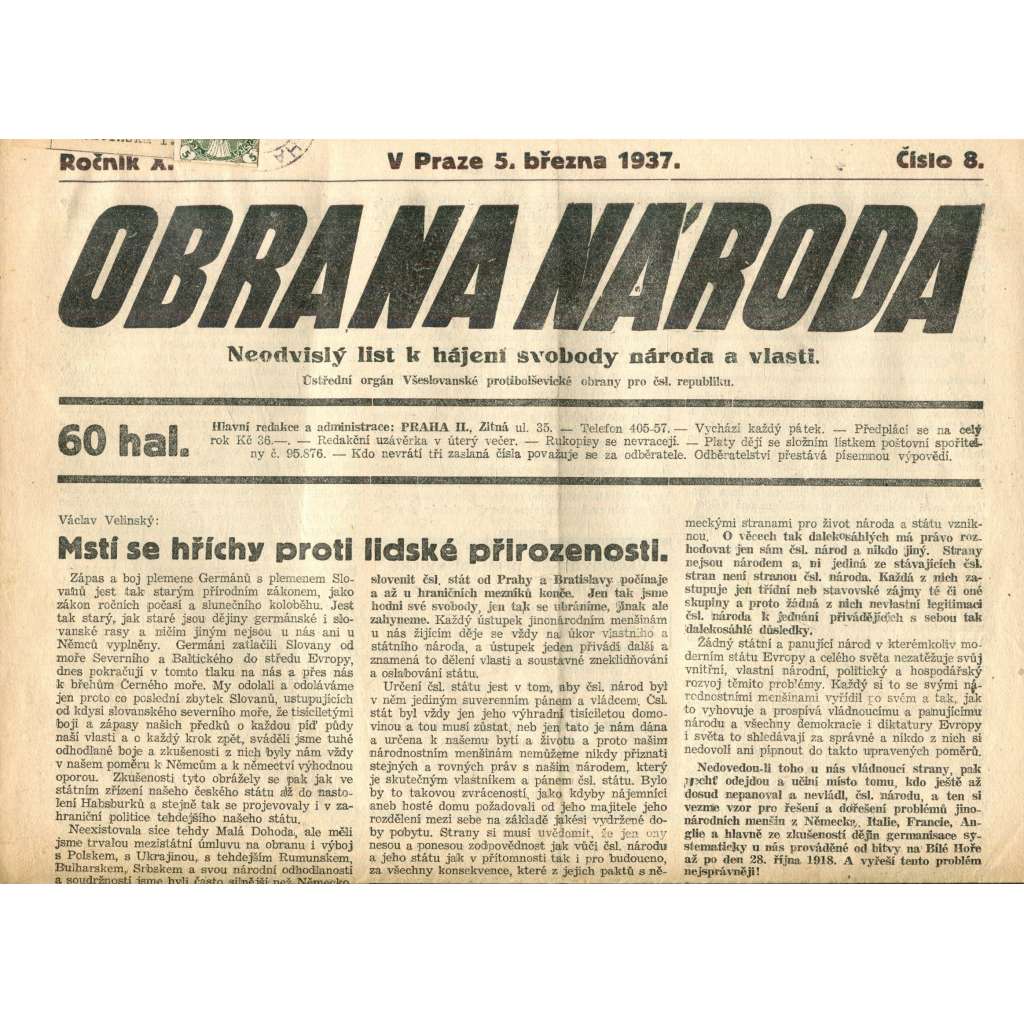 Obrana národa 5.3.1937 (antisemitismus, antisemitské, protibolševické noviny)