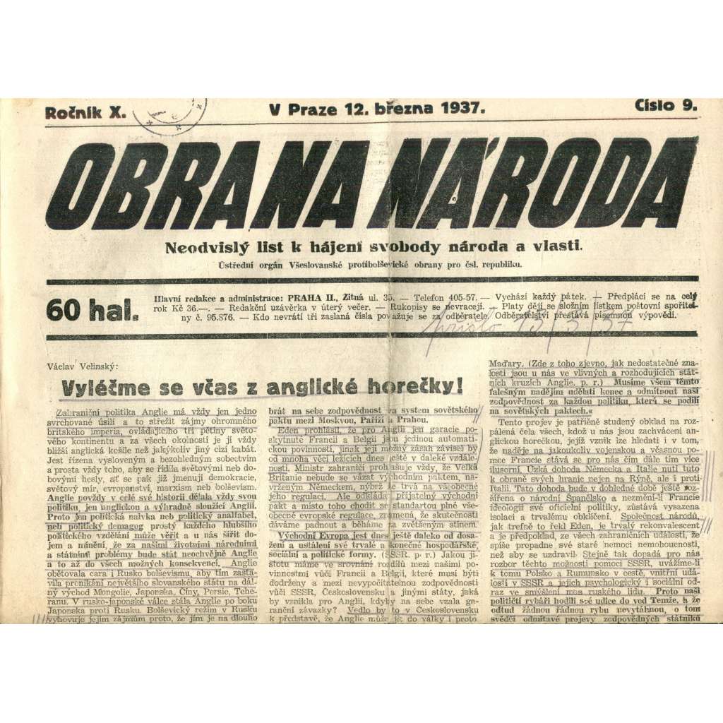 Obrana národa 12.3.1937 (antisemitismus, antisemitské, protibolševické noviny)