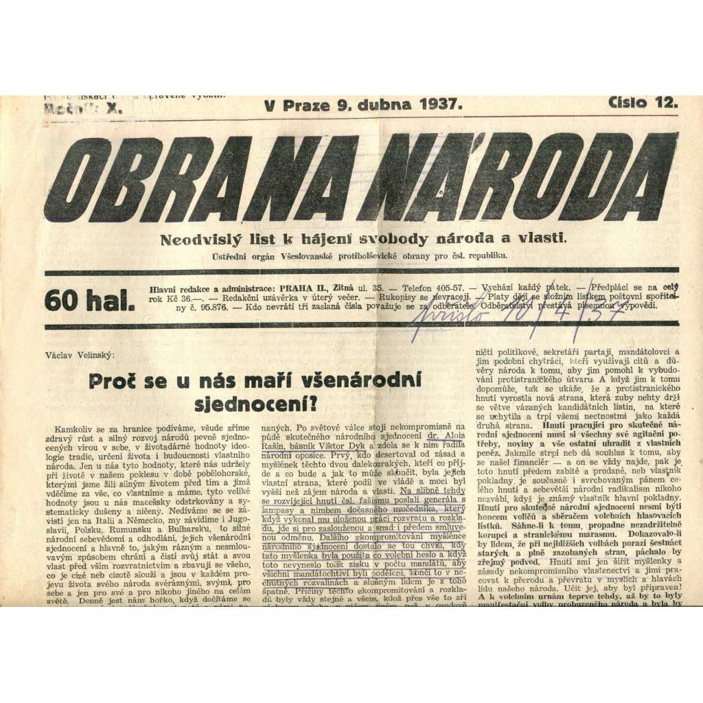 Obrana národa 9.4.1937 (antisemitismus, antisemitské, protibolševické noviny)