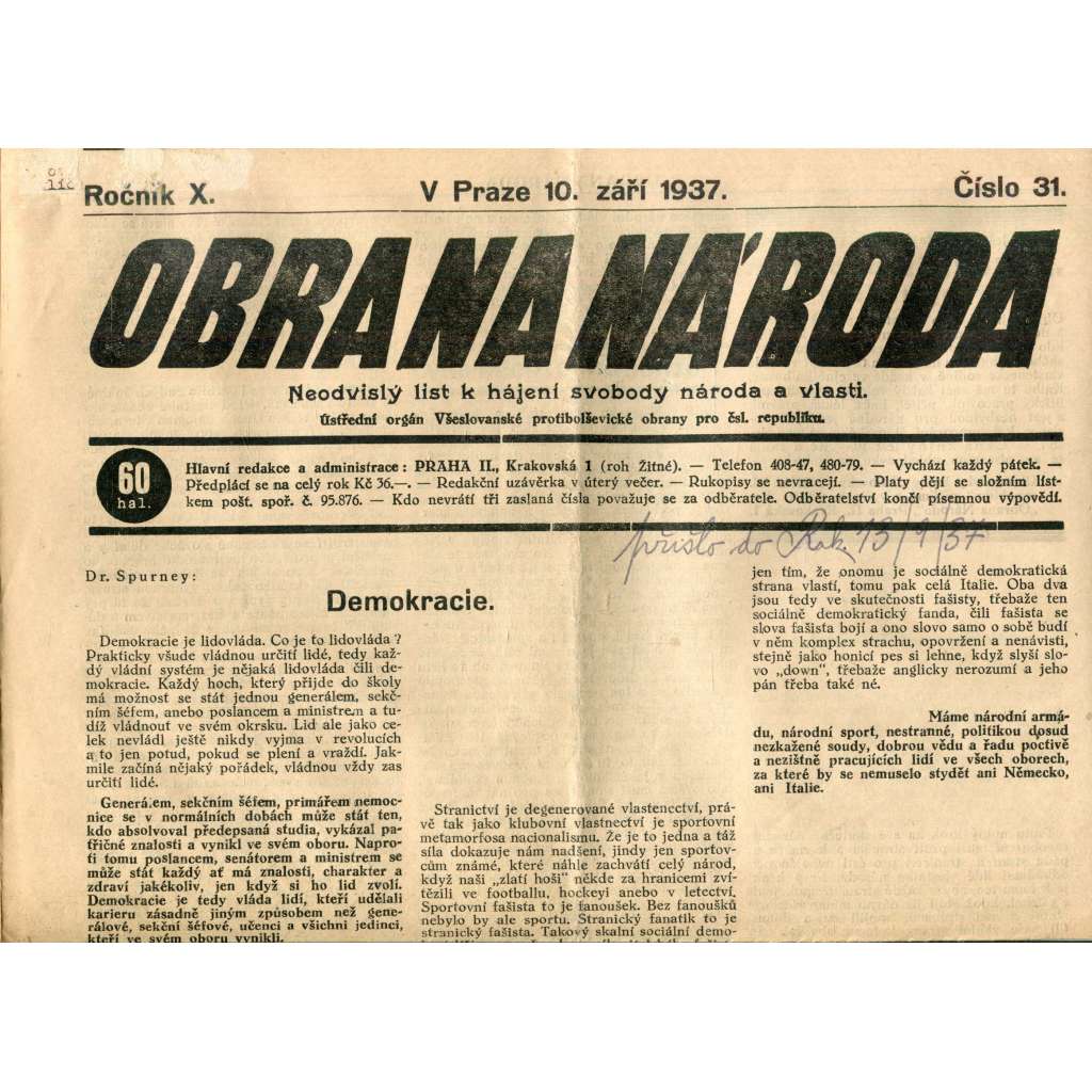 Obrana národa 10.9.1937 (antisemitismus, antisemitské, protibolševické noviny)