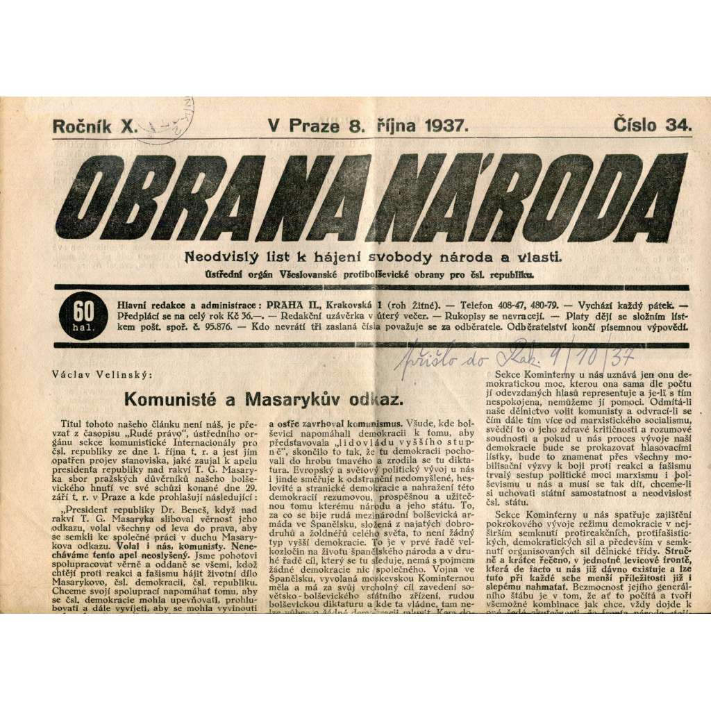 Obrana národa 8.10.1937 (antisemitismus, antisemitské, protibolševické noviny)