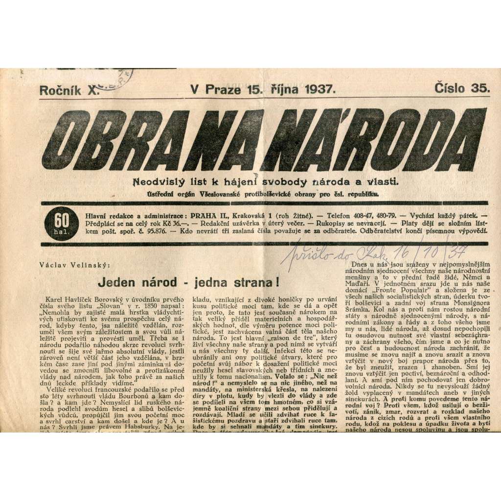 Obrana národa 15.10.1937 (antisemitismus, antisemitské, protibolševické noviny)