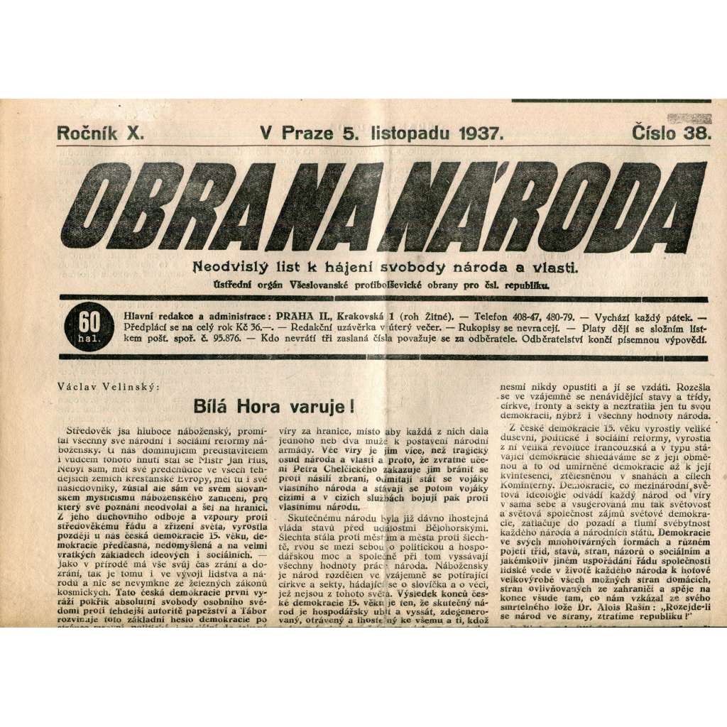 Obrana národa 5.11.1937 (antisemitismus, antisemitské, protibolševické noviny)
