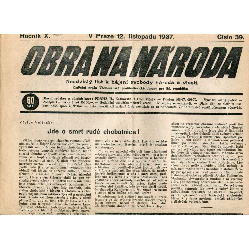 Obrana národa 12.11.1937 (antisemitismus, antisemitské, protibolševické noviny)