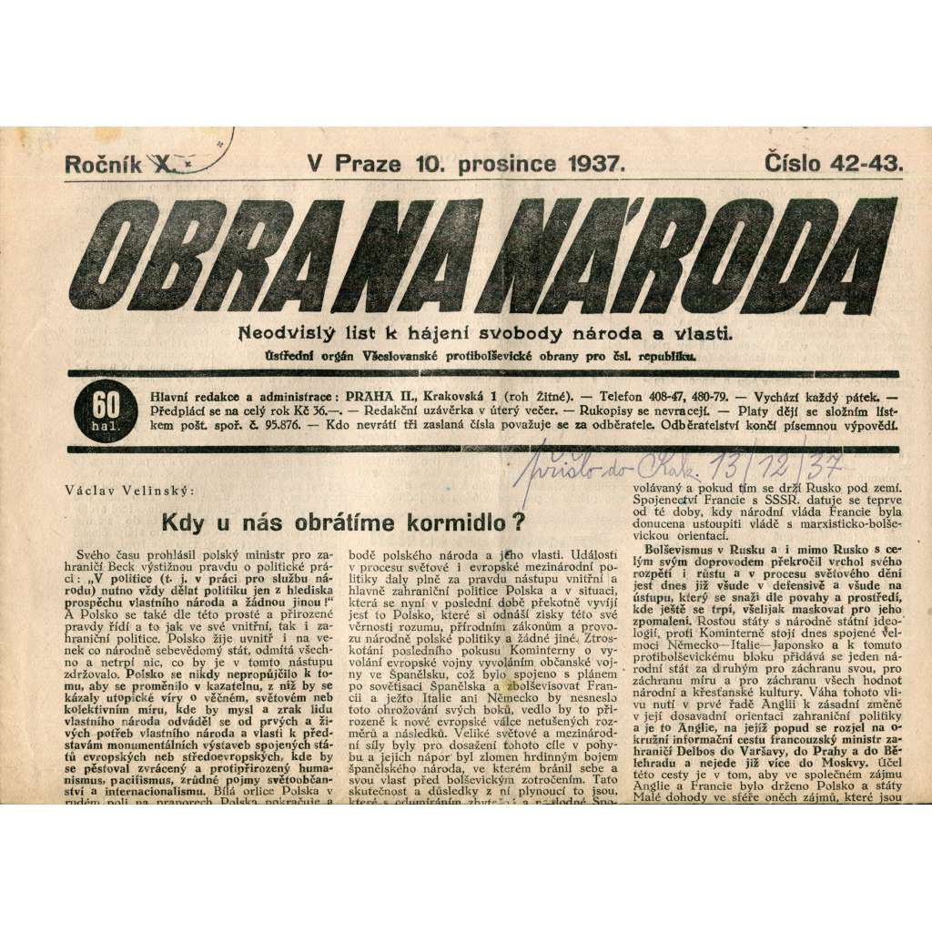 Obrana národa 10.12.1937 (antisemitismus, antisemitské, protibolševické noviny)