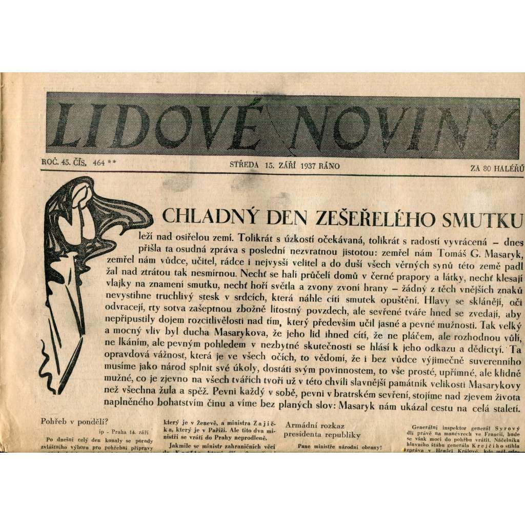 Lidové noviny 15.9.1937 (noviny, úmrtí T. G. Masaryk, prezident) Lidové noviny 15.9.1937 (noviny, úmrtí T. G. Masaryk, prezident)