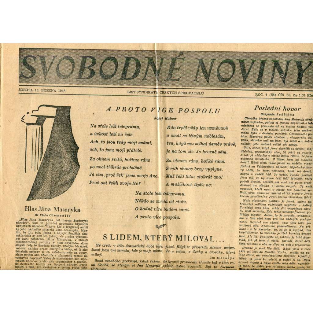 Svobodné noviny 13.3.1948 (noviny, úmrtí Jan Masaryk) Svobodné noviny 13.3.1948 (noviny, úmrtí Jan Masaryk)
