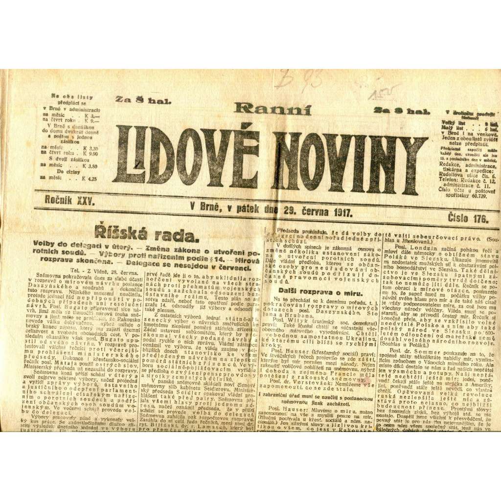 Lidové noviny 29.6.1917 (staré noviny) Lidové noviny 29.6.1917 (staré noviny)