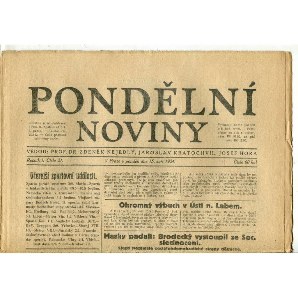 Pondělní noviny 15.9.1924 (noviny, 1. republika) Pondělní noviny 15.9.1924 (noviny, 1. republika)