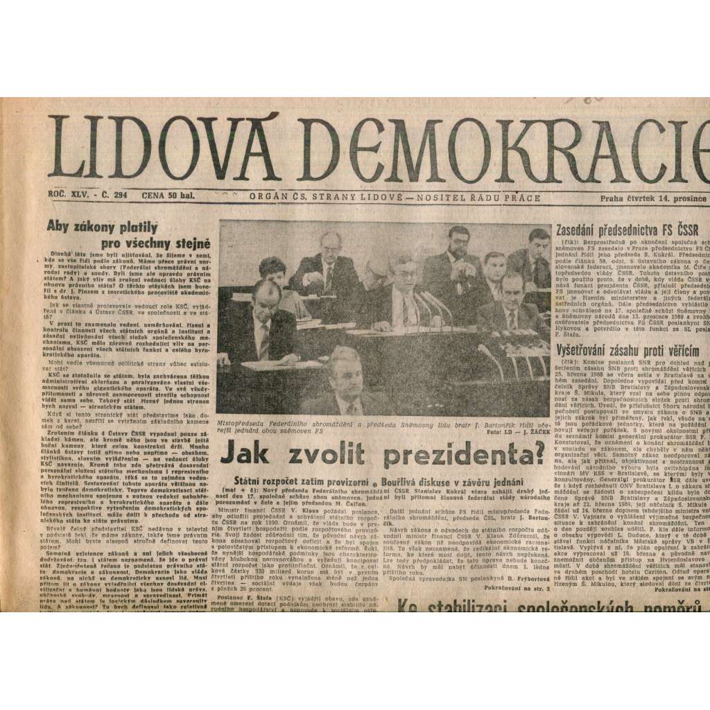 Lidová demokracie (14.12.1989) - staré noviny Lidová demokracie (14.12.1989) - staré noviny