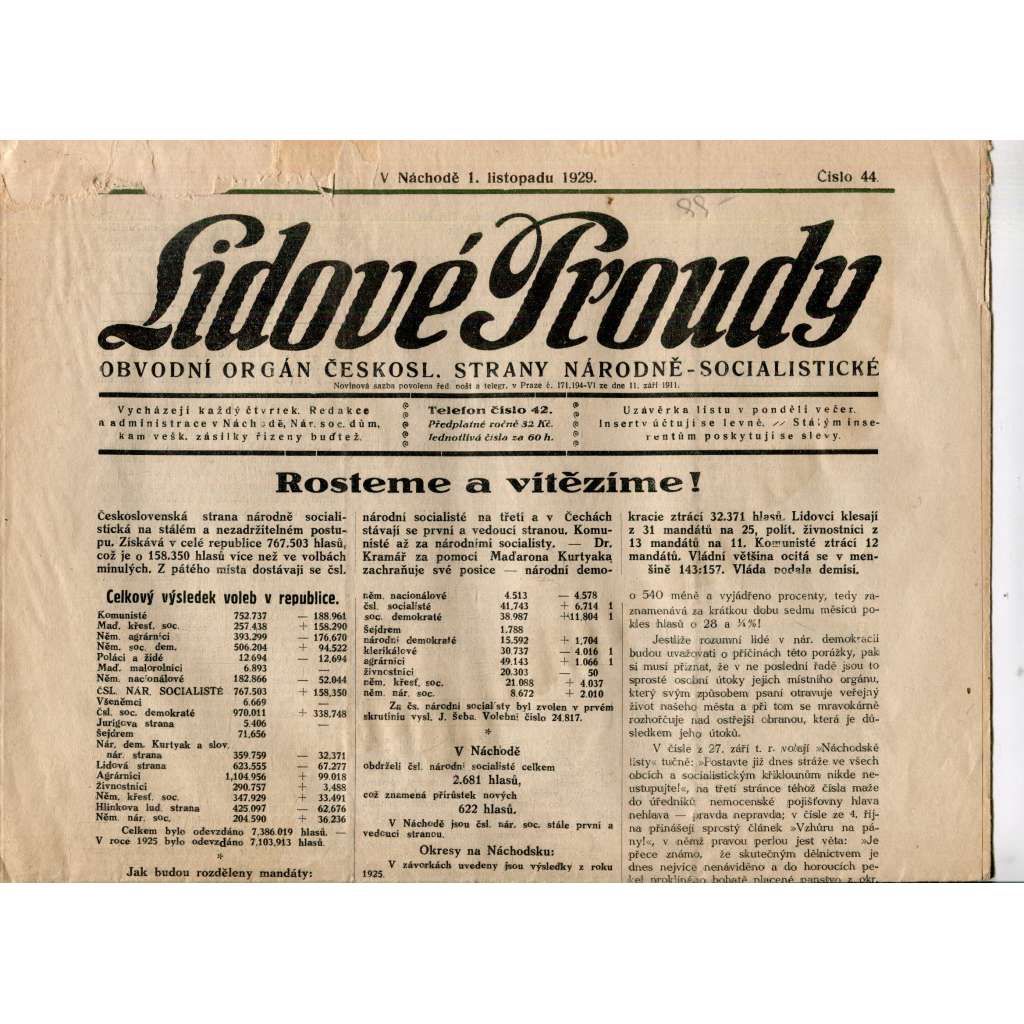 Lidové proudy 11.11.1929 (1. republika. staré noviny) Lidové proudy 11.11.1929 (1. republika. staré noviny)