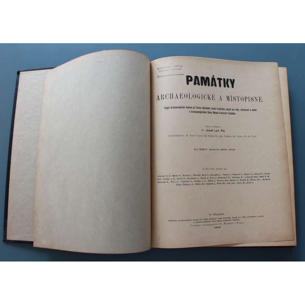 Památky archaeologické a místopisné 1906-1908 (časopis, archeologie, mj. Velehrad a jeho vykopaniny; Obrazárna a umělci Rudolfa II. v Praze; Jak vzniklo město Brandejs nad L.; Fresky Hosínské; Nový výzkum na Levém Hradci)