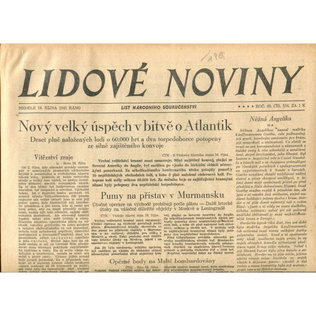 Lidové noviny 19.10.1941 Lidové noviny 19.10.1941
