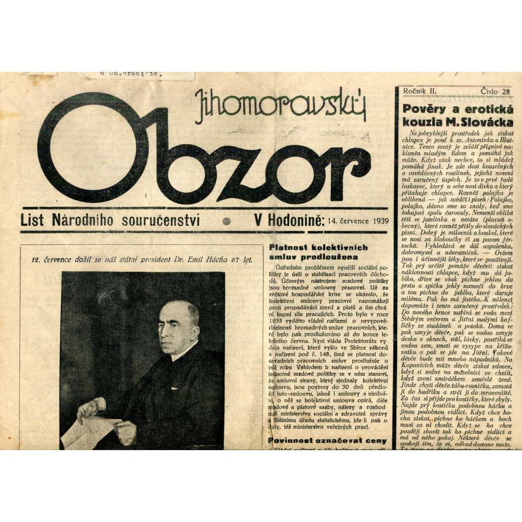 Jihomoravský obzor 14.7.1939 (noviny) Jihomoravský obzor 14.7.1939 (noviny)
