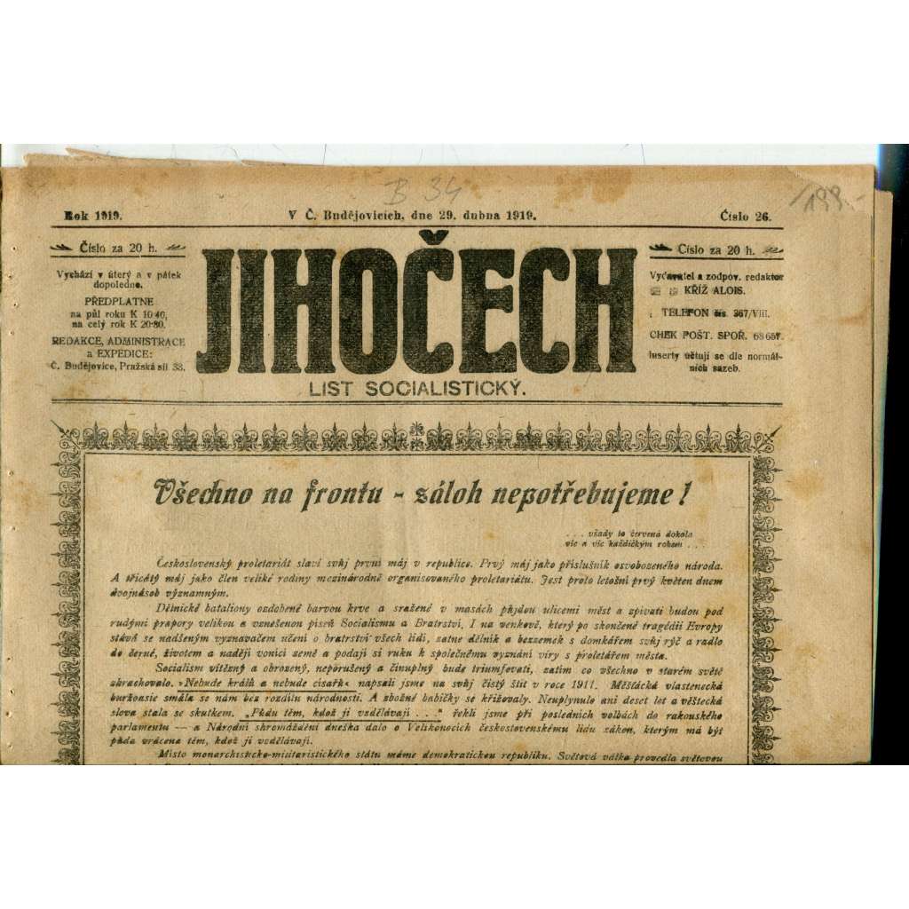 Jihočech 29.4.1919 (1. republika, noviny) Jihočech 29.4.1919 (1. republika, noviny)