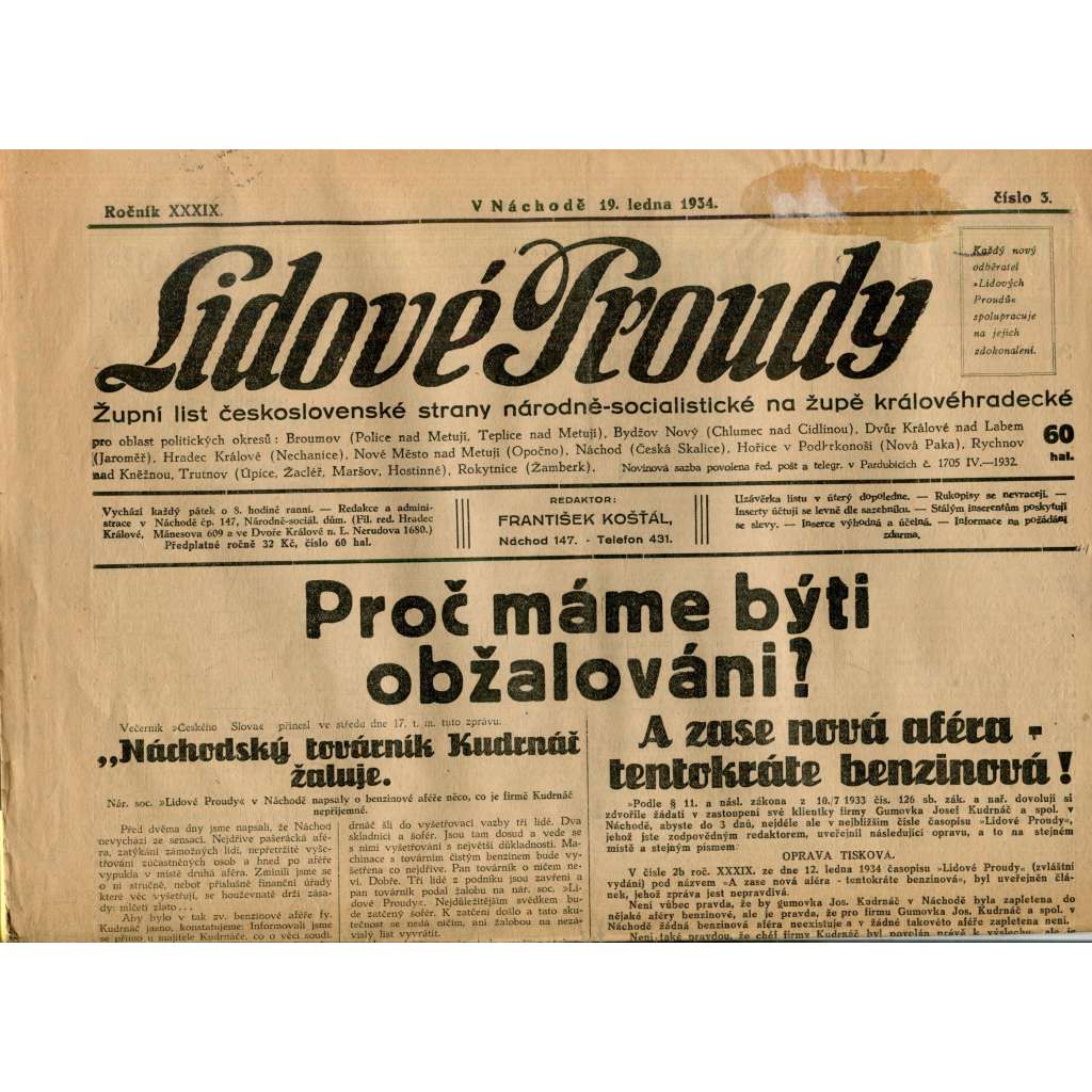 Lidové proudy 19.1.1934 (1. republika, staré noviny) Lidové proudy 19.1.1934 (1. republika, staré noviny)