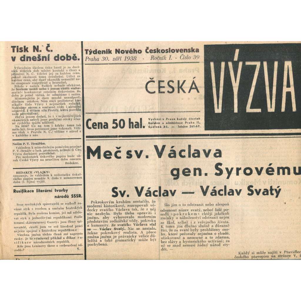 Česká výzva 30.9.1938 (1. republika, noviny) Česká výzva 30.9.1938 (1. republika, noviny)