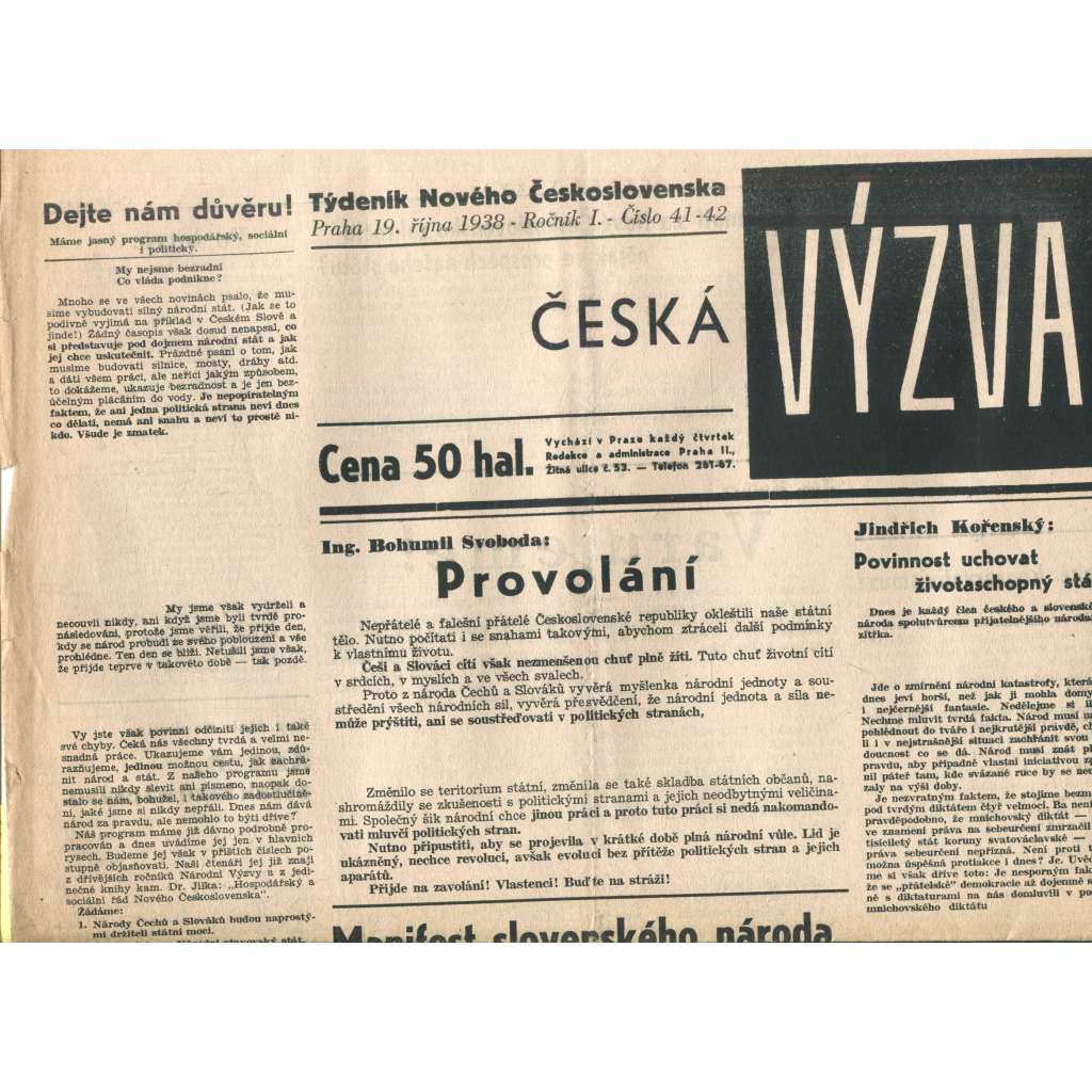 Česká výzva 19.10.1938 (1. republika, noviny) Česká výzva 19.10.1938 (1. republika, noviny)