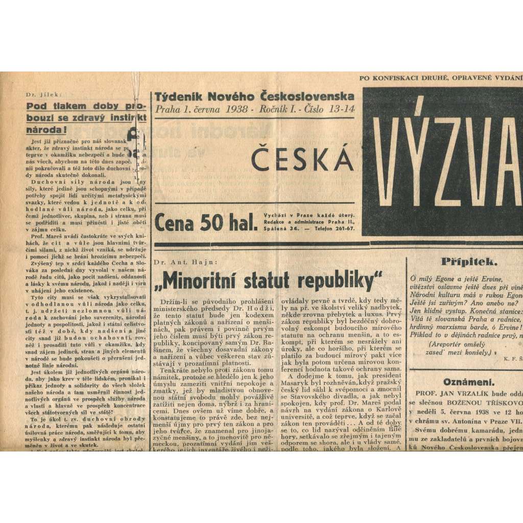 Česká výzva 1.6.1938 (1. republika, noviny) Česká výzva 1.6.1938 (1. republika, noviny)