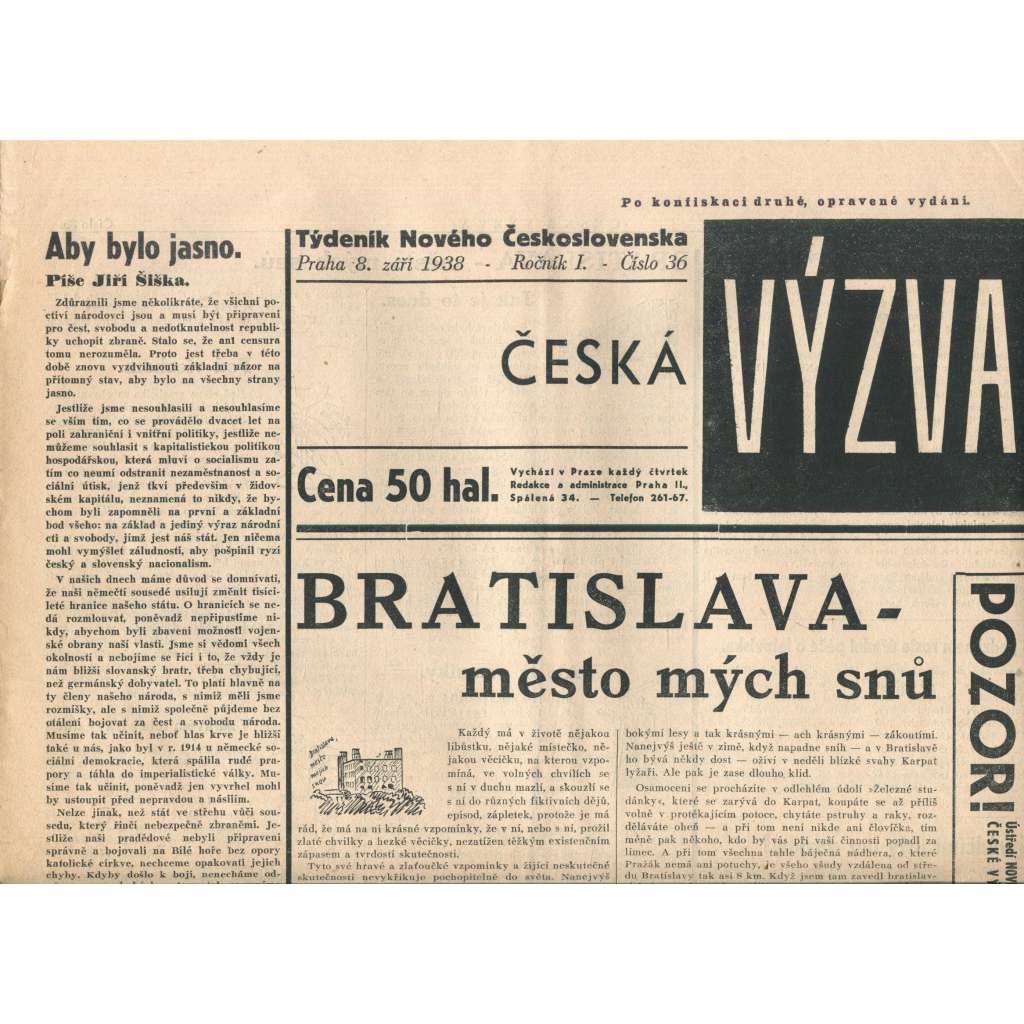 Česká výzva 8.9.1938 (1. republika, noviny) Česká výzva 8.9.1938 (1. republika, noviny)