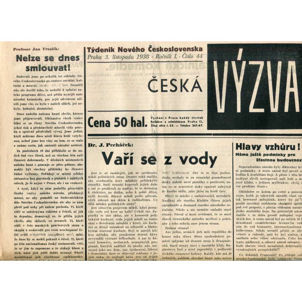 Česká výzva 3.11.1938 (1. republika, noviny) Česká výzva 3.11.1938 (1. republika, noviny)