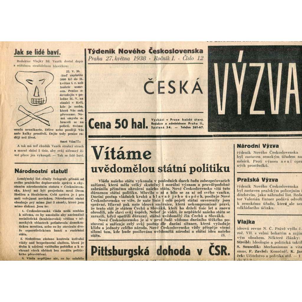 Česká výzva 27.5.1938 (1. republika, noviny) Česká výzva 27.5.1938 (1. republika, noviny)