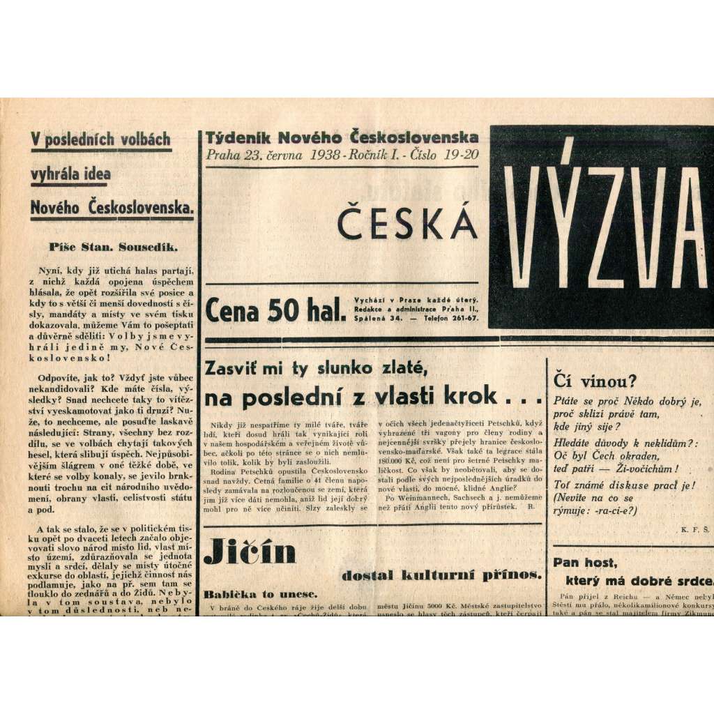 Česká výzva 23.6.1938 (1. republika, noviny) Česká výzva 23.6.1938 (1. republika, noviny)