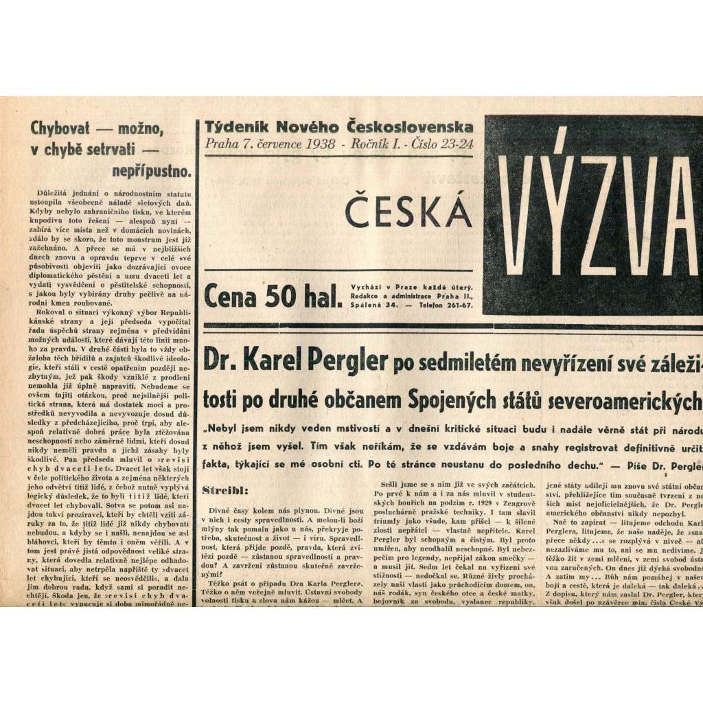 Česká výzva 7.7.1938 (1. republika, noviny) Česká výzva 7.7.1938 (1. republika, noviny)