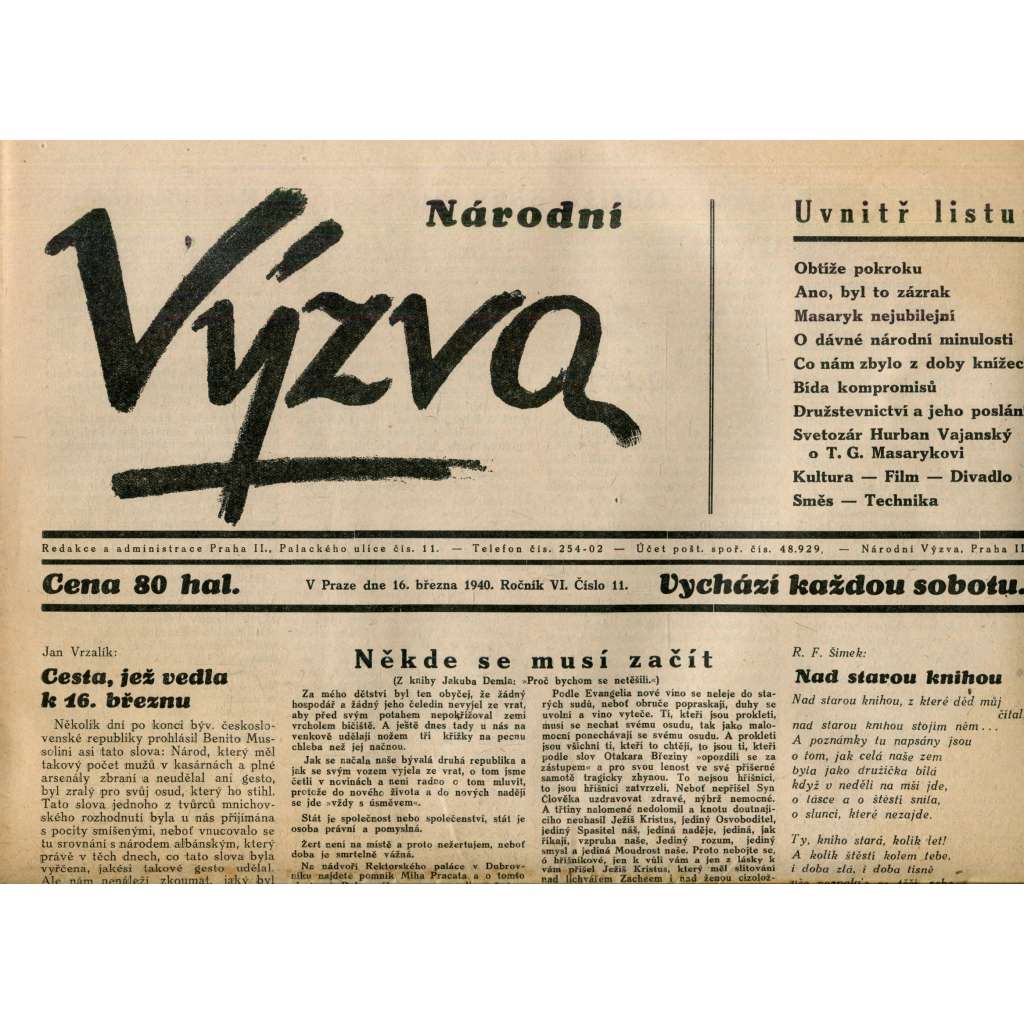 Národní výzva 16.3.1940 (protektorát, noviny)