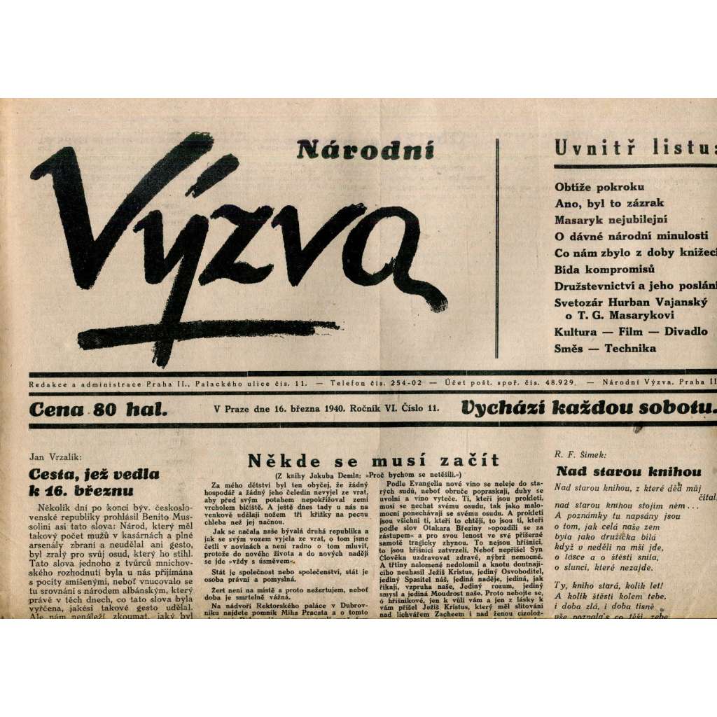 Národní výzva 16.3.1940 (protektorát, noviny)